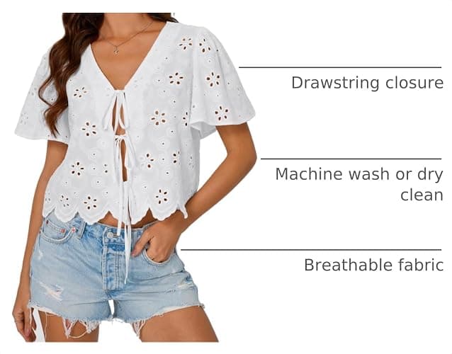 Trendy Queen Womens Summer Tops Cotton Tie Front Blouses | Bohemian Style, Crop Cute Teacher Outfits, Flowy Top, Beach Vacation Outfits 2026, Eyelet Embroidered Clothes for Campus Life thumbnail 4