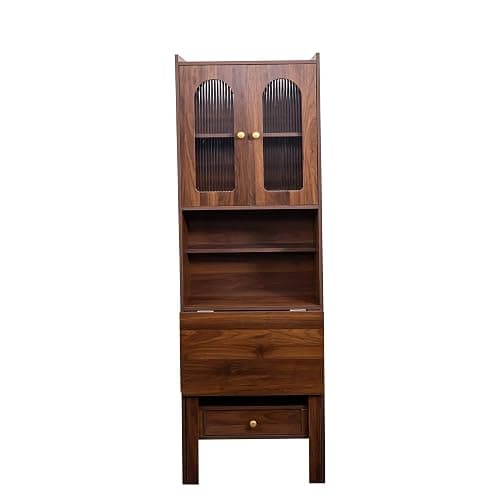 LUMISOL Fold-Out Home Office Desks Writing Table with Glass Doors, Drawers, Bookshelf & Storage Shelves, Modern Wooden Convertible Workstation for Work, Study, Walnut thumbnail 7
