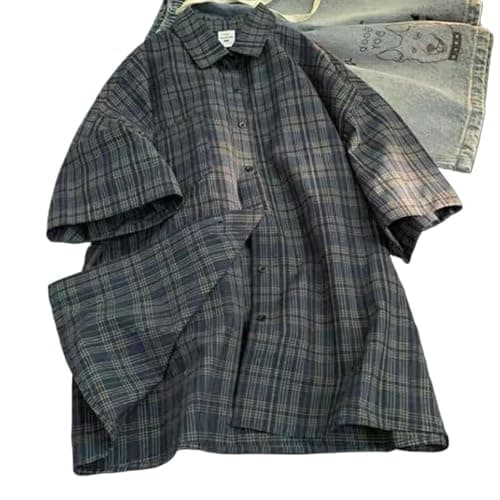 Mens Plaid Short Sleeve Teens Harajuku Vintage Aesthetic Baggy T-Shirts - Image 1