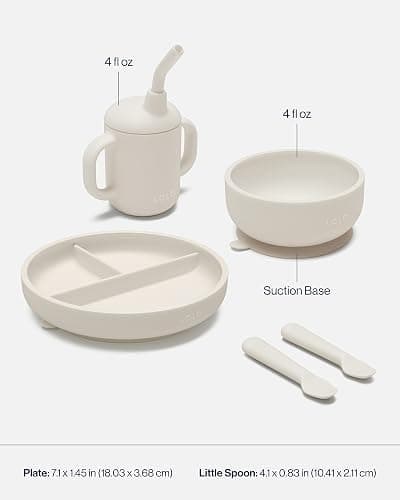 Lalo First Bites Silicone Baby Feeding Set - Baby Led Weaning Supplies - Non-Toxic Silicone - Includes 2 Bibs, 2 Spoons, Training Cup, Suction Plate and Bowl - 6 Pieces - Oatmeal - Oatmeal - Full Kit thumbnail 2