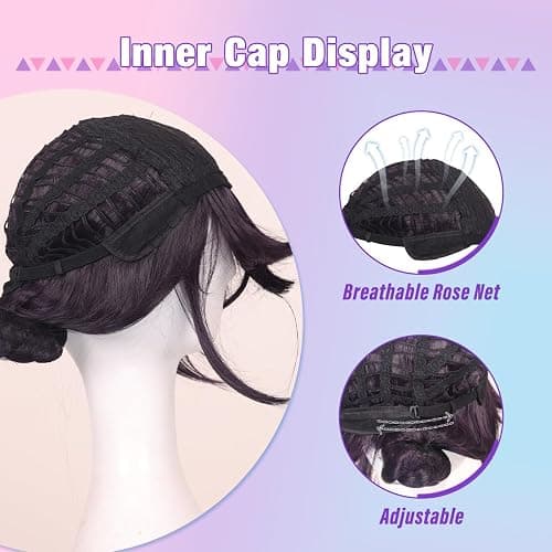FantaLook Short Black Purple Cosplay Wig with 2 Buns for Halloween Party Costume（Small Size） thumbnail 8