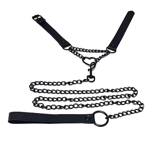 Tosmifairy Vintage Love Heart Black Leather Choker Collar and Leash Set Sexy Role-Play Emo Gothic Cospaly Accessories thumbnail 6