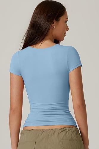 QINSEN Women's Crew Neck Short Sleeve Tees Double Lined Slim Fit T Shirt Basic Y2K Tops thumbnail 2
