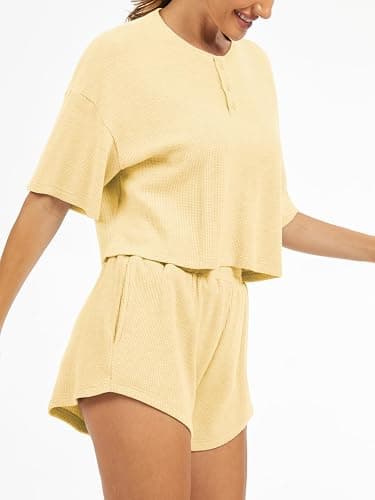 AnotherChill Women's Cropped Waffle Knit Lounge Set – Short Sleeve Henley Top and High Waisted Shorts 2 Piece Casual Outfit thumbnail 3