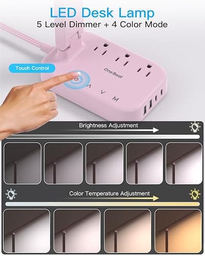Dorm Room Essentials for Girls, Pink Power Strip with LED Desk Lamp, 3 Outlets 4 USB Ports, 4 Modes 5 Level Touch Lamp Small Desk Lamp for Home Office Bedroom Study Reading Light, 5ft Extension Cord thumbnail 3