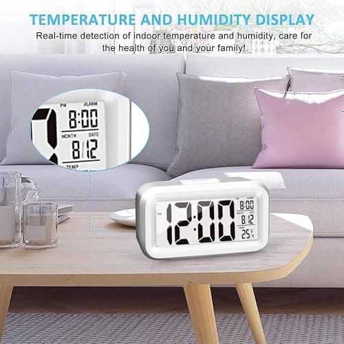 KAIJIELY Upgraded Digital Alarm Clock, 4.3" LED Display with Temperature Larger Lound Light Control Portable Snooze Calendar Brightness with Battery Powered Alarm Clocks Bedside for Everyone (White) thumbnail 9