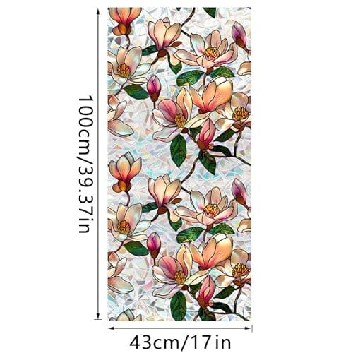 Retro Magnolia Flowers Window Privacy Film,Stained Glass Decals Colorful Floral Privacy Rainbow Decals Living Room Sun Blocking Decor Removable Static Cling Stickers,16.93x39.37inch thumbnail 3
