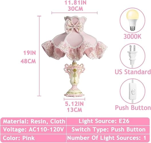 ZDAAPLJ Victorian Table Lamp Pink Princess Lamp French Country Bedside Lamp Farmhouse Cute Kids Table Lamp Vintage Rustic Nightstand Lamp for Girls Bedroom Children Nursery Desk Home Entryway thumbnail 6