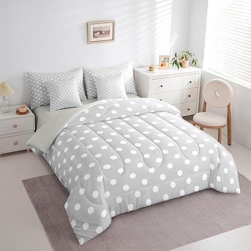Manfei Polka Dot 7pcs Comforter Set Full Size,Cute Simple Geometric Dots Bedding Set for All Season,Grey White Cartoon Bed in A Bag with Comforter,Sheets and Pillowcases,Kids Boys Girls Room Decor thumbnail 4