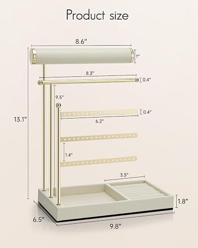 VLANDO Jewelry Stand Organizer with Ring Holder, Mothers Day Mom Gifts, Jewelry Holder Organizer with Tray, Necklace Holder Bracket Holder Earring Holder - Cloud White thumbnail 3