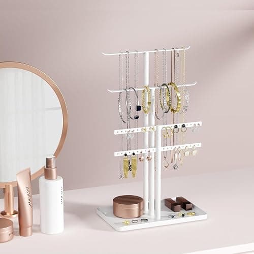 Schmuck Organizers, Schmuckständer 32cm Groß, 4 Ebenen Robust Schmuckaufbewahrung Reise, Schmuckschrank Organizer für Halskette, Armband, Parfüm und Ohrringe, Deko Aesthetic Accessoires, Weiß thumbnail 2