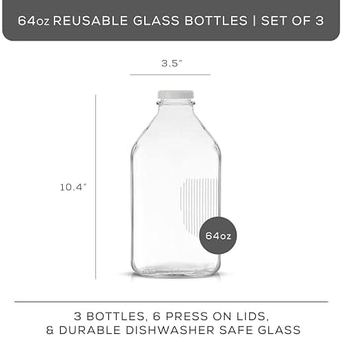 JoyJolt Glass Milk Bottles with Lids and Pourer – 64 Oz, 3 Pack Airtight Heavy Duty Reusable Glass Bottles, Leakproof, BPA-Free, Food Grade, Dishwasher Safe Jug, Pitcher for Milk, Juice, and Water thumbnail 3