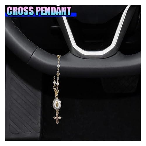 KPFILEH Car Steering Wheel Rosary Charm Accessory, Alloy Cross Car Rear View Mirror Charm, Religious Automotive Interior Hanging Decoration Pendant for Women, Men(Heart) thumbnail 4