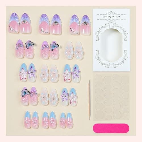 30Pcs Spring Butterfly Press on Nails Medium Almond Purple French Tip Fake Nails with Butterflies Rhinestones Cute Flower Acrylic Nails Spring False Nail Set Floral Full Cover Stick on Nails for Women thumbnail 2