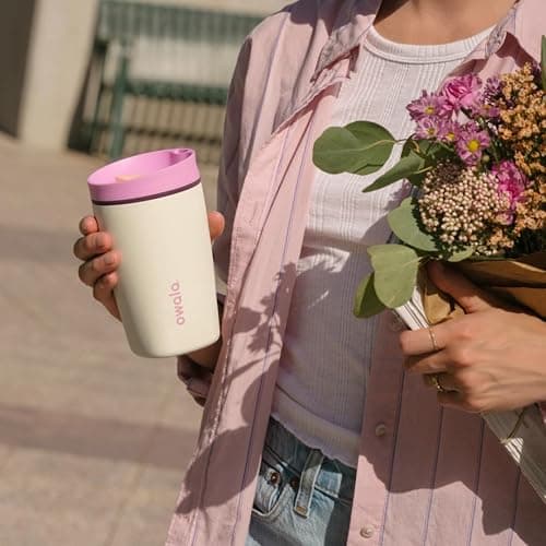 Owala SmoothSip Slider Insulated Stainless Steel Coffee Tumbler, Reusable Iced Coffee Cup, Hot Coffee Travel Mug, BPA Free 12 oz, Pink/Tan (Daybreak) thumbnail 2