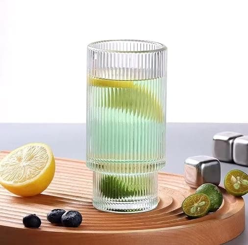 AFINSEA 16OZ Ribbed Glass Cups with Lids and Straws,Iced Coffee Cups with Lid,Vintage Glassware for Whiskey Cocktail Beer Fruit Juice Glasses Tumbler(1Pack) thumbnail 4