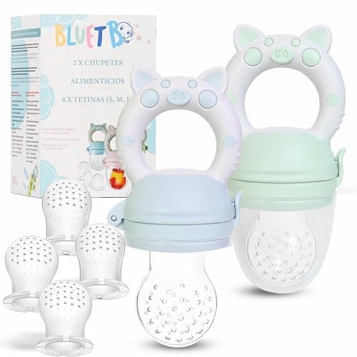 Bluet B- Baby Fruit Feeder Pacifier - BPA-Free Silicone Baby Food Feeder for Self-Feeding - Teething Relief - 4+ Months, 6 Silicone Nipples - 2 Pack Fresh Fruit Pacifier Frozen Teether - Blue & Green - Blue - Image 1