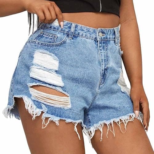 MapleHub Plus Size Denim Shorts Women High Waisted Ripped Folded Hem Jean Shorts - Image 1