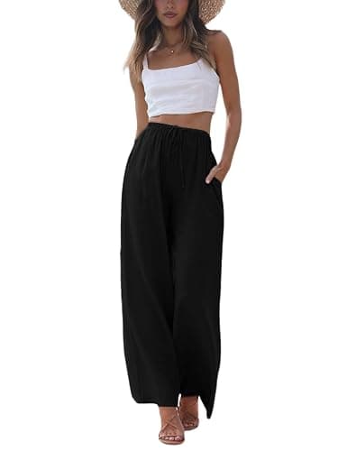 Faleave Women's Cotton Linen Summer Palazzo Pants Flowy Wide Leg Beach Trousers with Pockets - Image 1