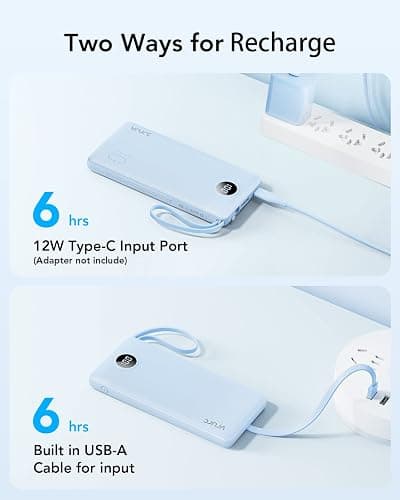 VRURC 10000mAh Power Bank Built-in Cables, Portable Charger with LED Display, Slim Travel Battery Pack with Cords, 5 Output Dual Input Phone Charger for Cell Phone Smart Devcies-Blue(1 Pack) thumbnail 9