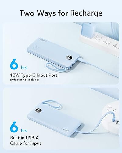 VRURC 10000mAh Power Bank Built-in Cables, Portable Charger with LED Display, Slim Travel Battery Pack with Cords, 5 Output Dual Input Phone Charger for Cell Phone Smart Devcies-Blue(1 Pack) - Blue thumbnail 6