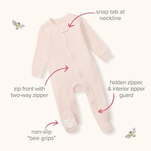 Burt's Bees Baby Girls' Organic Cotton, Sleep and Play Footed Pajamas | Easy zip front PJs feature a 2-way zipper to ensure newborns have a restful nights sleep thumbnail 7