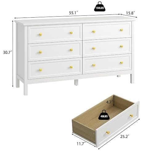 CARPETNAL White Dresser for Bedroom, 55 Inch 6 Drawer Dresser with Wide Drawer and Gold Handles, Woode Dressers & Chests of Drawers for Hallway, Entryway. thumbnail 2