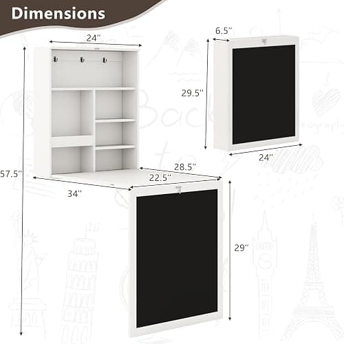 Tangkula Foldable Wall-Mounted Desk, Floating Desk with Chalkboard, Storage Shelves & Hooks, Space-Saving Murphy Table for Home Office, Bedroom, Dorm Room, Small Spaces thumbnail 3
