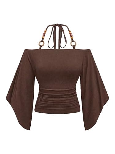 Verdusa Women's Y2k Off Shoulder Halter Top Cinched Waist Going Out Tops Flare Sleeve Ruched Fitted T Shirts - Image 1
