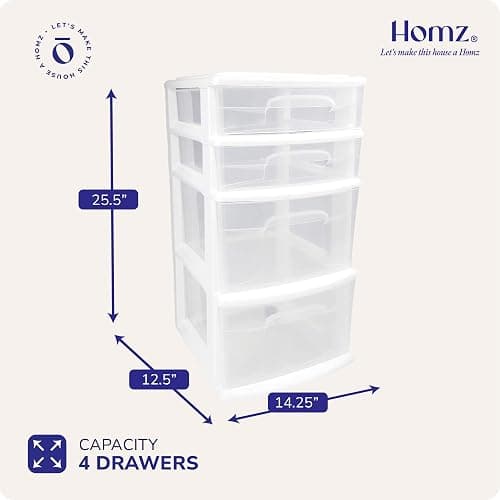 HOMZ Drawer Tower, 4-Tier Clear Plastic Storage Organizer Cart, White Frame – Rolling Containers with Wheels for Bathroom, Bedroom, Office, and Classroom Organization thumbnail 3
