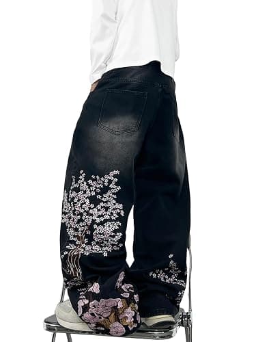 DFGIGT Floral Embroidery Baggy Jeans for Men Hip Hop Stylish Wide Leg Skater Jeans Loose Denim Pants Streetwear - Image 1
