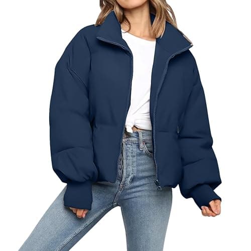 Women’s Winter Cropped Puffer Jacket Coat Casual Quilted Baggy Long Sleeve Zip Down Jackets Outerwear - Image 1
