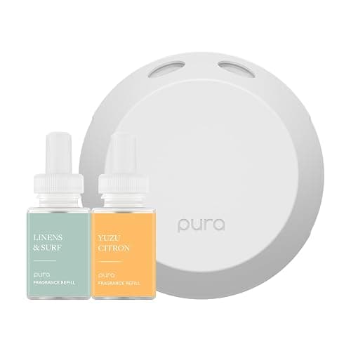 Pura - Smart Home Fragrance Device Starter Set - Pura 4 - Scent Diffuser for Home - Includes Fragrance Aroma Diffuser - Square Box, Linens & Surf and Yuzu Citron Scent Refills - Image 1