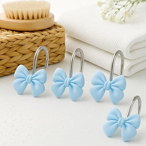 12 Soft Light Blue Shower Curtain Hooks with Bow Design - Spa Style Bathroom Decor for Coastal and Contemporary Homes, Girls Rooms thumbnail 6