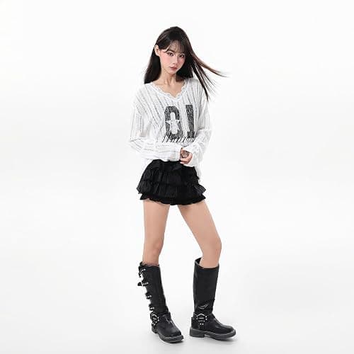 Women Goth T Shirt Harajuku Anime Graphic Y2K Tops Long Sleeve Off Shoulder Grunge Aesthetic Clothes thumbnail 4