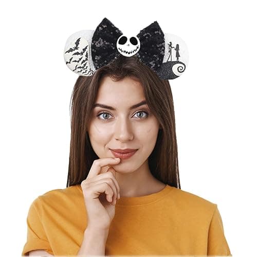 BPNHNA Halloween Mouse Ears Headband Pumpkin Ghost Skull Bat Hairband Sequin Bow Hair Hoop Headpiece for Party Favors thumbnail 2