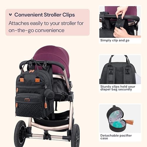 BabbleRoo Diaper Bag Backpack - Baby Essentials Travel Tote - Multi Function Water Resistant Diaper Bag, Travel Essentials Baby Bag with Changing Pad, Stroller Straps & Pacifier Case - Unisex, Black thumbnail 7