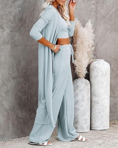 Fessceruna Womens 3 Piece Lounge Sets Pajamas Knit Long Sleeve Cardigan Crop Top Wide Leg Pants Loungewear Set thumbnail 2