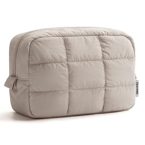 Narwey Quilted Makeup Bag for Women Girl, Puffer Travel Cosmetic Bag Puffy Make Up Bag Organizer, Cute Travel Toiletry Bag for Toiletries (Khaki) - Image 1