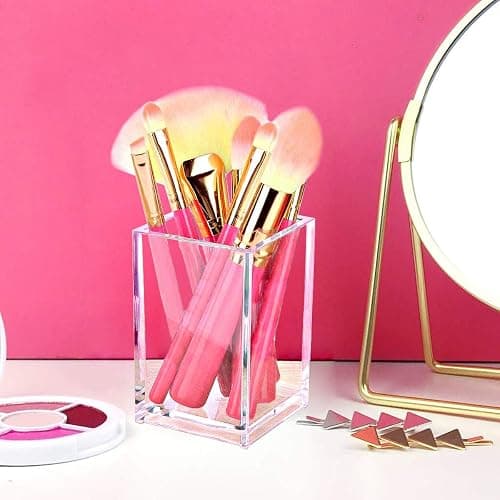2 Pack Clear Acrylic Pencil Pen Holder Cup,Desk Accessories Holder,Makeup Brush Storage Organizer,Modern Design Desktop Stationery Organizer for Office School Home Supplies,2.6x 2.6x 4 inches thumbnail 2