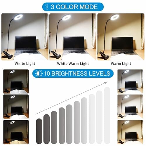 KNAMKY USB LED Desk Lamp Clip On Light, 3 Light Mode 10 Dimmable Brightness Eye Caring Book Adjustable for Reading Studying Working Video Conference Lighting (Black) - Black thumbnail 2