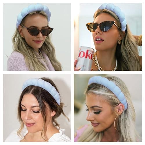 AOENJIE Spa Headbands for Washing Face or Makeup, Sponge Bubble Skincare Headbands, Puffy Terry Cloth Hairband for Women, Skin Care Makeup Headwear Hair Accessories for Girls(Blue) - Blue thumbnail 4