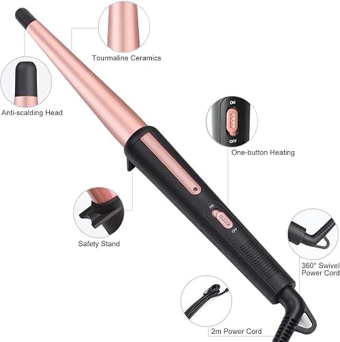 Hair Curling Wand, 13-25MM Tapered Curling Iron, Professional Ceramic Hair Curler Wand with Heat-Resistant Glove, Dual Voltage (Rose Gold) thumbnail 2