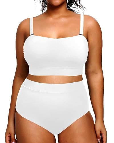 Tempt Me Women Plus Size High Waisted Bikini Bandeau Two Piece Swimsuit - 18 Plus - White - Image 1
