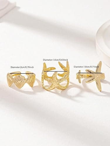 3Pcs Gold Set Seashell Starfish Ring For Women, 18k Gold Dainty Summer Beach Wave Stackable Open Rings Adjustable Surfer Fashion Beachy Jewelry Gifts - Gold - 3Pcs thumbnail 3