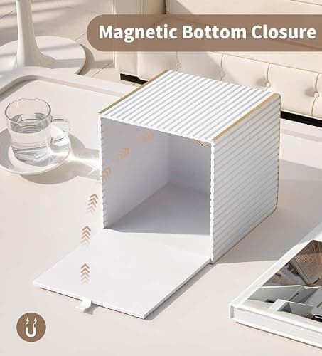 Tissue Box Cover Square with Magnetic Closure, PU Leather Tissue Box Holder with Gold-Tone Edging for Bathroom Vanity Countertop Night Stands Bedroom Office Desk, Modern Home Decor (Cream White) thumbnail 6
