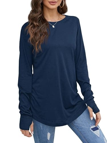 Fisoew Women's Casual Long Sleeve Tops Crew Neck Round Hem Loose T-Shirts Tunic Tops with Thumb Holes thumbnail 3