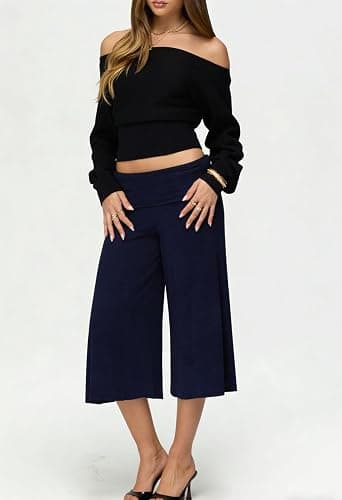 Cbsdezanos Gaucho Pants for Women Fold Over Flowy Capri Pants | Wide Leg Low Rise Yoga Capris Foldover Cropped Leggings Summer thumbnail 3