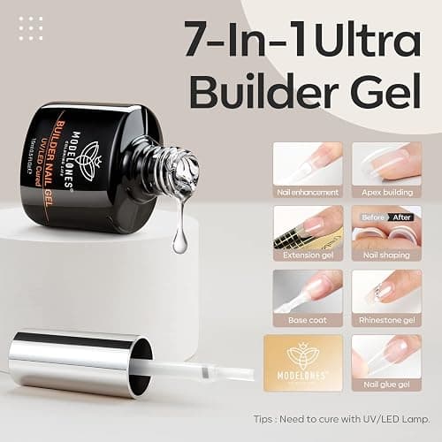 Modelones Builder Nail Gel , 7-in-1 Clear Gel Nail Polish, 15ml Hard Gel Builder Nail Strengthener Extension Gel Base Gel Rhinestone False Nail Tips Glue Gel in a Bottle for Professional Manicure Repair/Nail Art Decoration, Curing Needed thumbnail 2