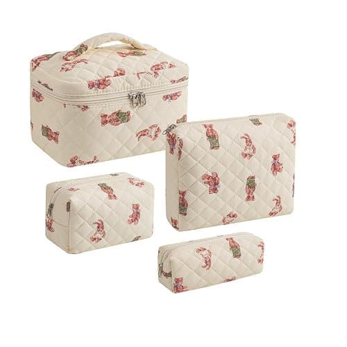 uekeboag 2 pcs Large Floral Quilted Makeup Bag Set for Women, Cotton Quilted Big Cosmetic Bag, Coquette Aesthetic Cute Travel Toiletry Bag - Image 1